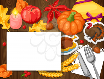 Thanksgiving Day greeting card. Background with autumn and holiday objects.
