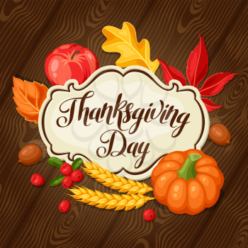 Thanksgiving Day greeting card. Background with autumn objects.
