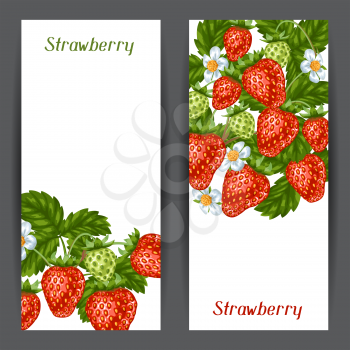 Banners with red strawberries. Illustration of berries and leaves.