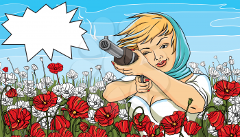 Vector illustration of a beautiful woman shoots a gun.