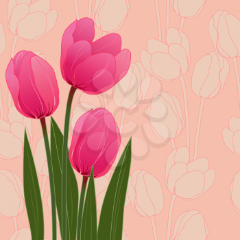 Abstract floral illustration with tulips on pink background