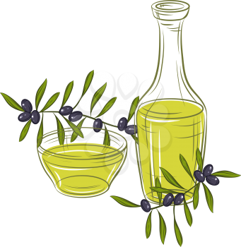 Illustration with black olives and bottle of oil.