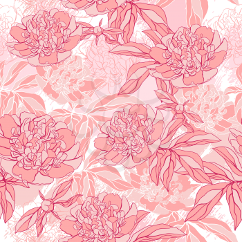 Vector pattern with peony and foliage. Hand drawn illustration.