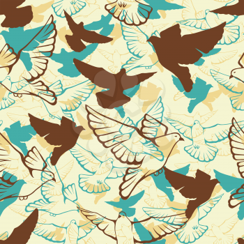 Vector seamless pattern of a flock flying pigeons.