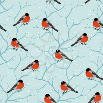 Winter seamless pattern. Birds on a tree in Christmas.