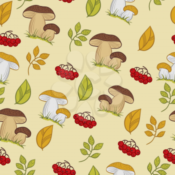 Vector seamless texture with the mushrooms, leaves and berries.