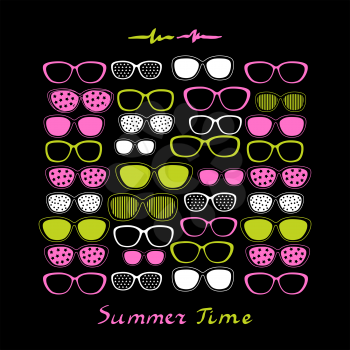Color glasses and sunglasses on black background.