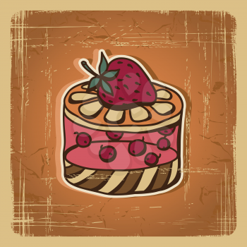 Vector illustration of cake in retro style. Vintage card