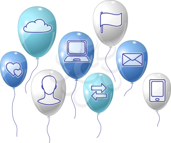 Social media, communication background with flying balloons.