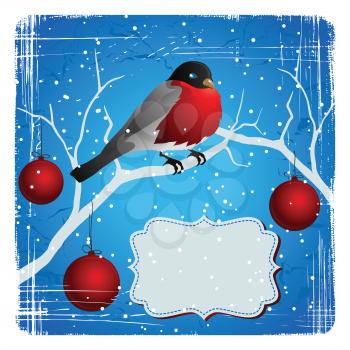 Bird on a tree in winter. Christmas and New Year's card.