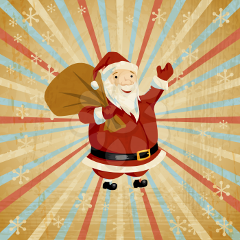 Vector Christmas background with Santa holding big bag of gifts.