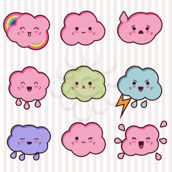 Collection of funny and cute happy kawaii clouds.