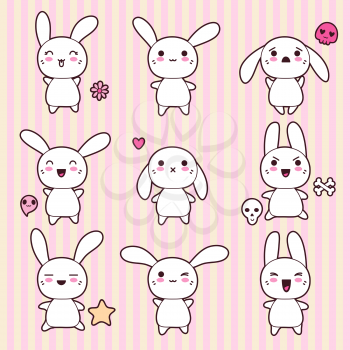 Collection of funny and cute happy kawaii rabbits.