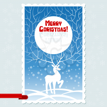 Vector Christmas card with white stylized deer.