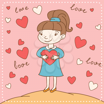 Vintage Valentine's day card of girl with heart. 