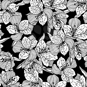 Abstract black seamless flower pattern with orchid.