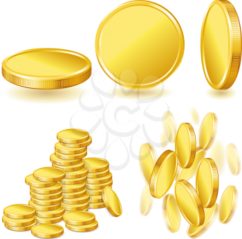 Collection of illustrations, icons and gold coins.