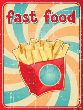 Fast food background with french fries in retro style.