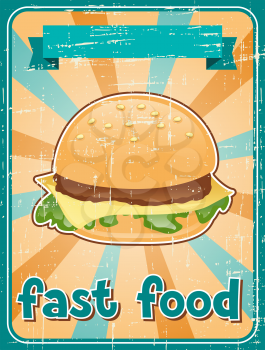 Fast food background with hamburger in retro style.