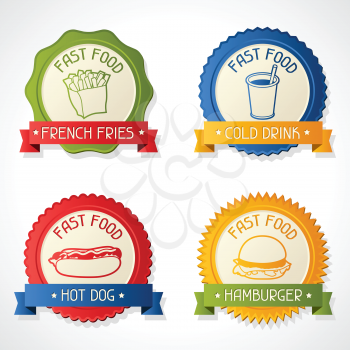 Set of badges with burger, hot dog, french-fry and drink.