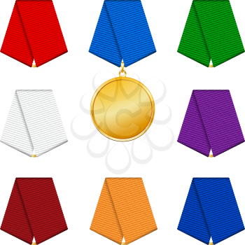 Set of 8 colored patterned ribbons and medal.