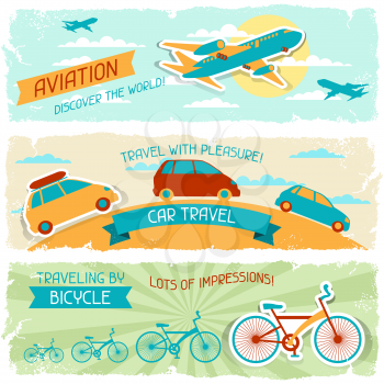 Set of horizontal travel banners in retro style.