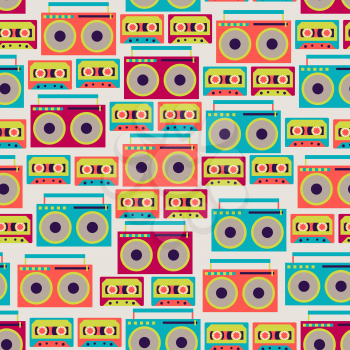 Seamless pattern with tape recorders and audio cassette.