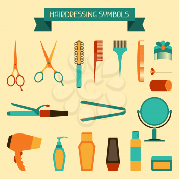 Set of hairdressing symbols and objects.