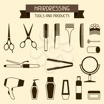 Set of hairdressing symbols tools and products.