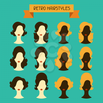 Retro hairstyles female silhouettes set.