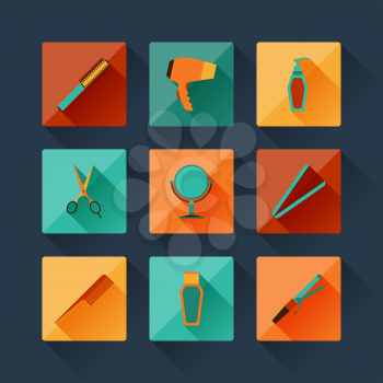 Set of hairdressing icons in flat design style.