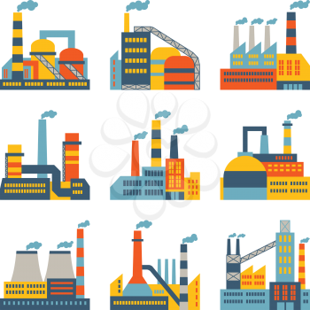 Industrial factory buildings icons set in flat design style.