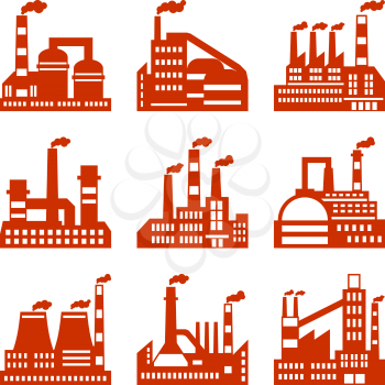 Industrial factory buildings icons set in flat design style.