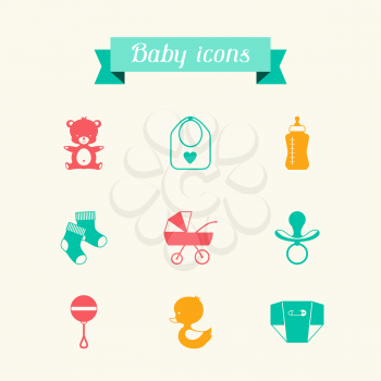 Newborn baby icons set in flat design style.