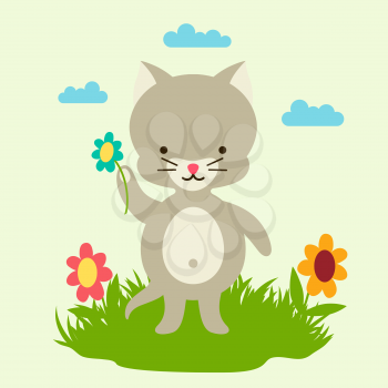 Little cute baby cat picking flowers.