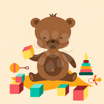Little cute baby bear playing with toys.