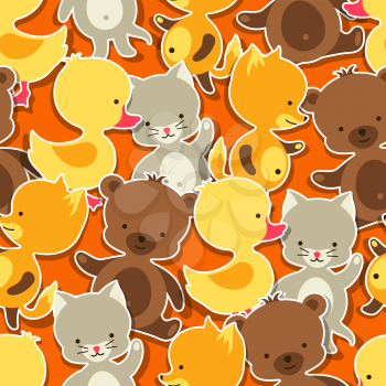 Seamless pattern with baby cat, bear, fox and duck.