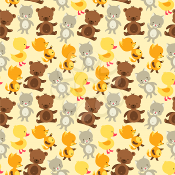 Seamless pattern with baby cat bear fox and duck