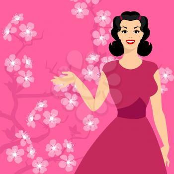 Card with pin up girl and stylized cherry blossom.