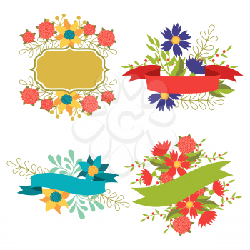 Set of design elements with ribbons, labels and flowers.