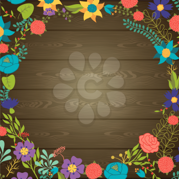 Wood texture background with various flowers.