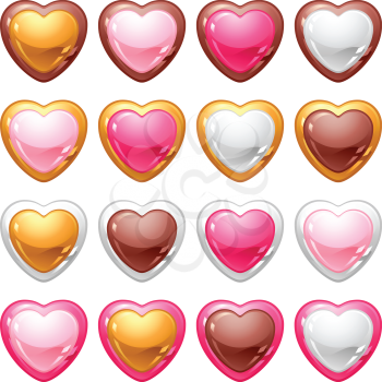 Collection of icons with a shiny, glossy hearts.