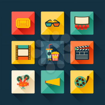 Set of movie design elements and cinema icons in flat style.