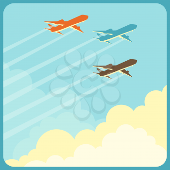 Illustration of airplanes flying in the sky over clouds.