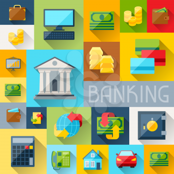 Background with banking icons in flat design style.