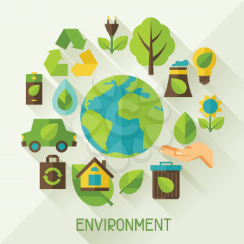 Ecology background with environment, green energy and pollution icons.