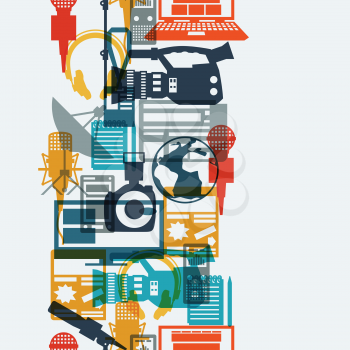 Seamless pattern with journalism icons. Mass media and press conference concept symbols in flat style.