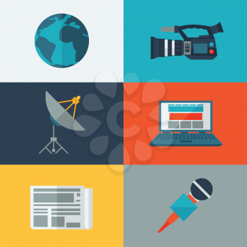 Set of journalism icons. Mass media and press conference concept symbols in flat style.