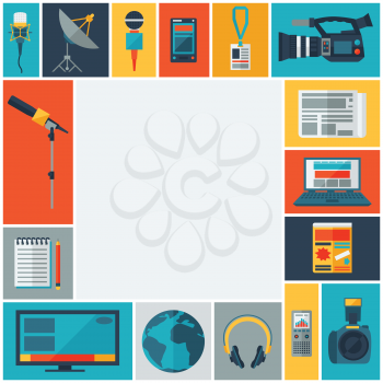 Background with journalism icons. Mass media and press conference concept symbols in flat style.