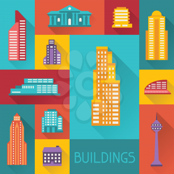 Cityscape illustration with buildings in flat design style.